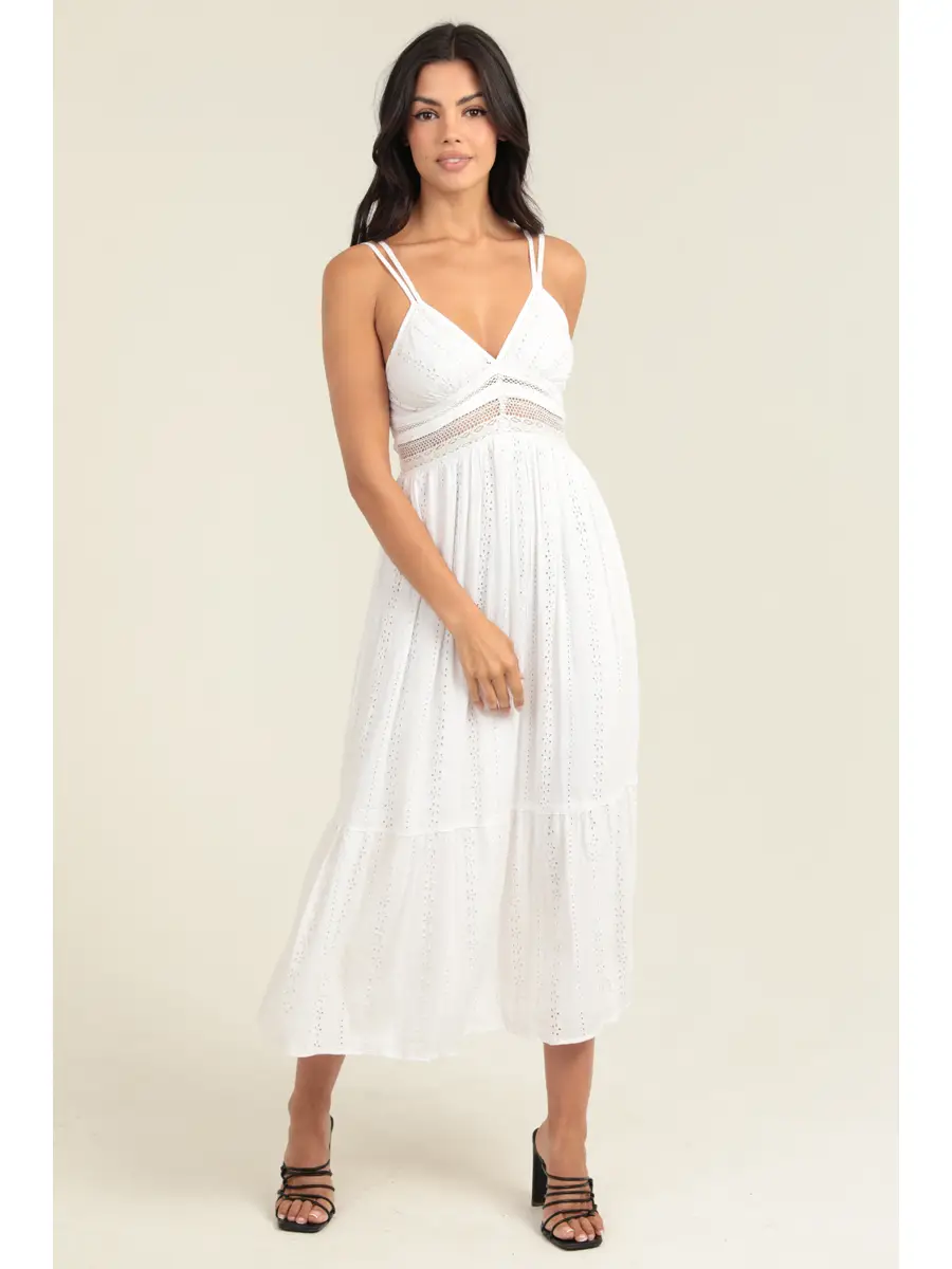 Eyelet Embroidered Midi Dress with Lace Inset