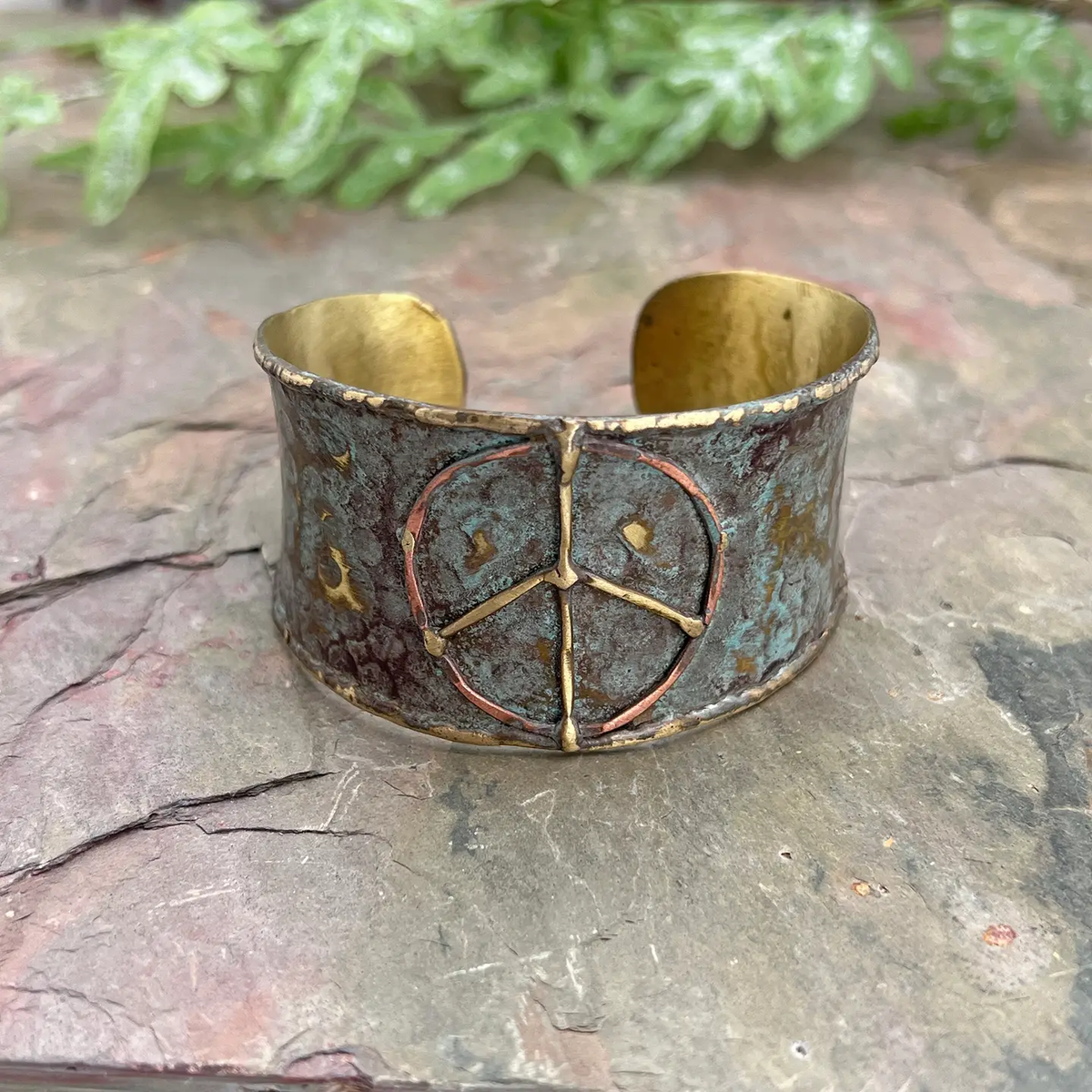 Peace Sign Brass Patina Cuff Bracelet