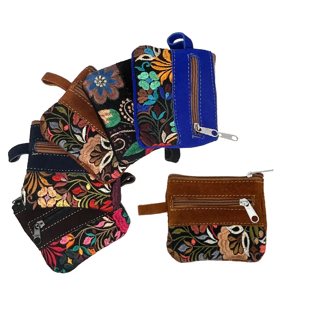 Embroidered Floral Suede Coin Purse