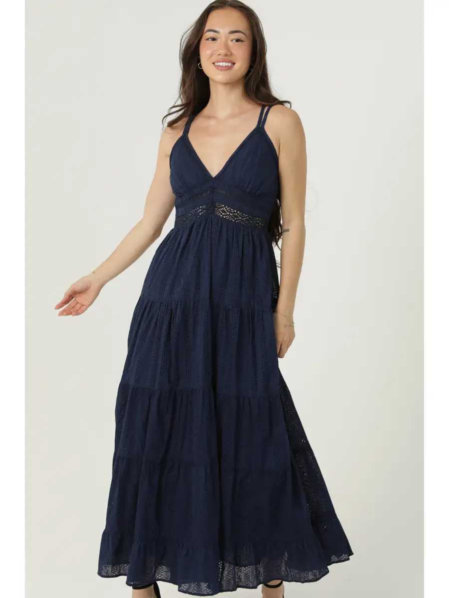 Eyelet Embroidered Midi Dress with Lace Inset