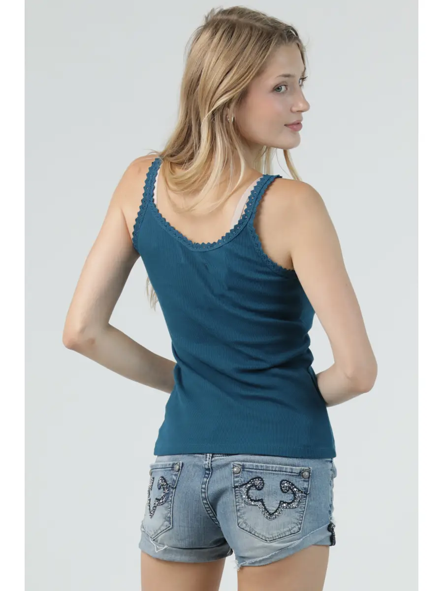Rib Knit Lace Trim Henley Tank Top
