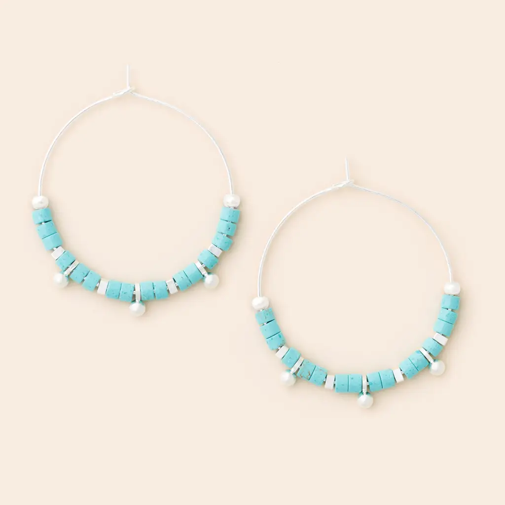 Stone Disc Hoop Earrings: Turquoise/Silver