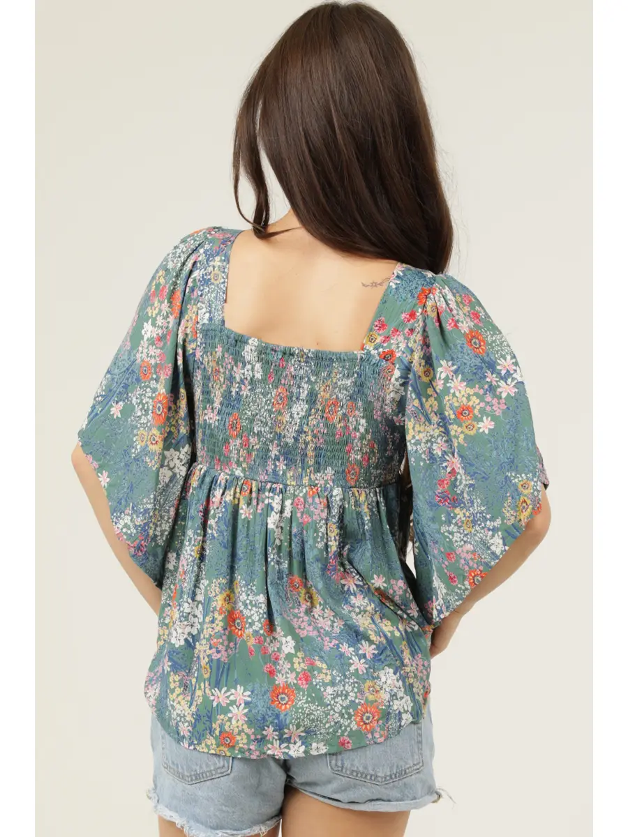 Floral Top Smocked Bodice Wide Sleeves