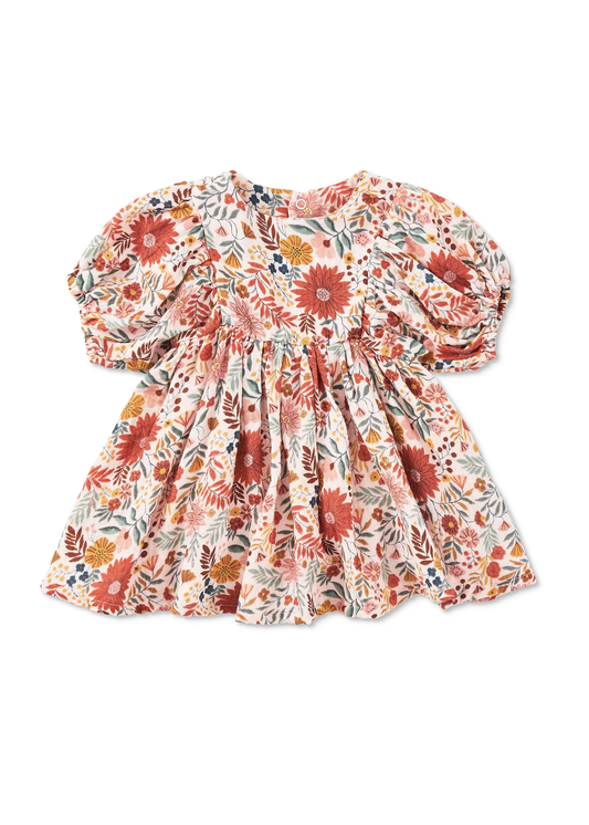 Baby Dress with Puff Sleeves - Zinnia Bloom
