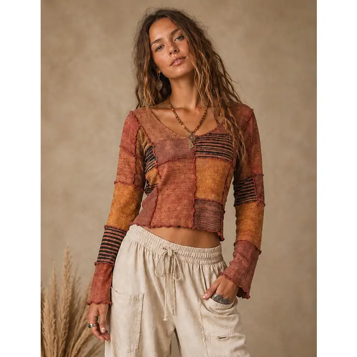Boho Patchwork Long Sleeve Cropped Top