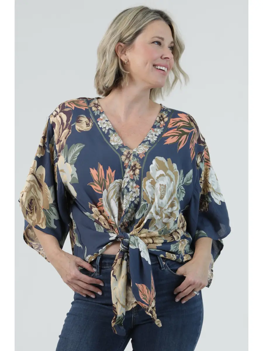 V-Neck Kimono Sleeve Tie Waist Blouse