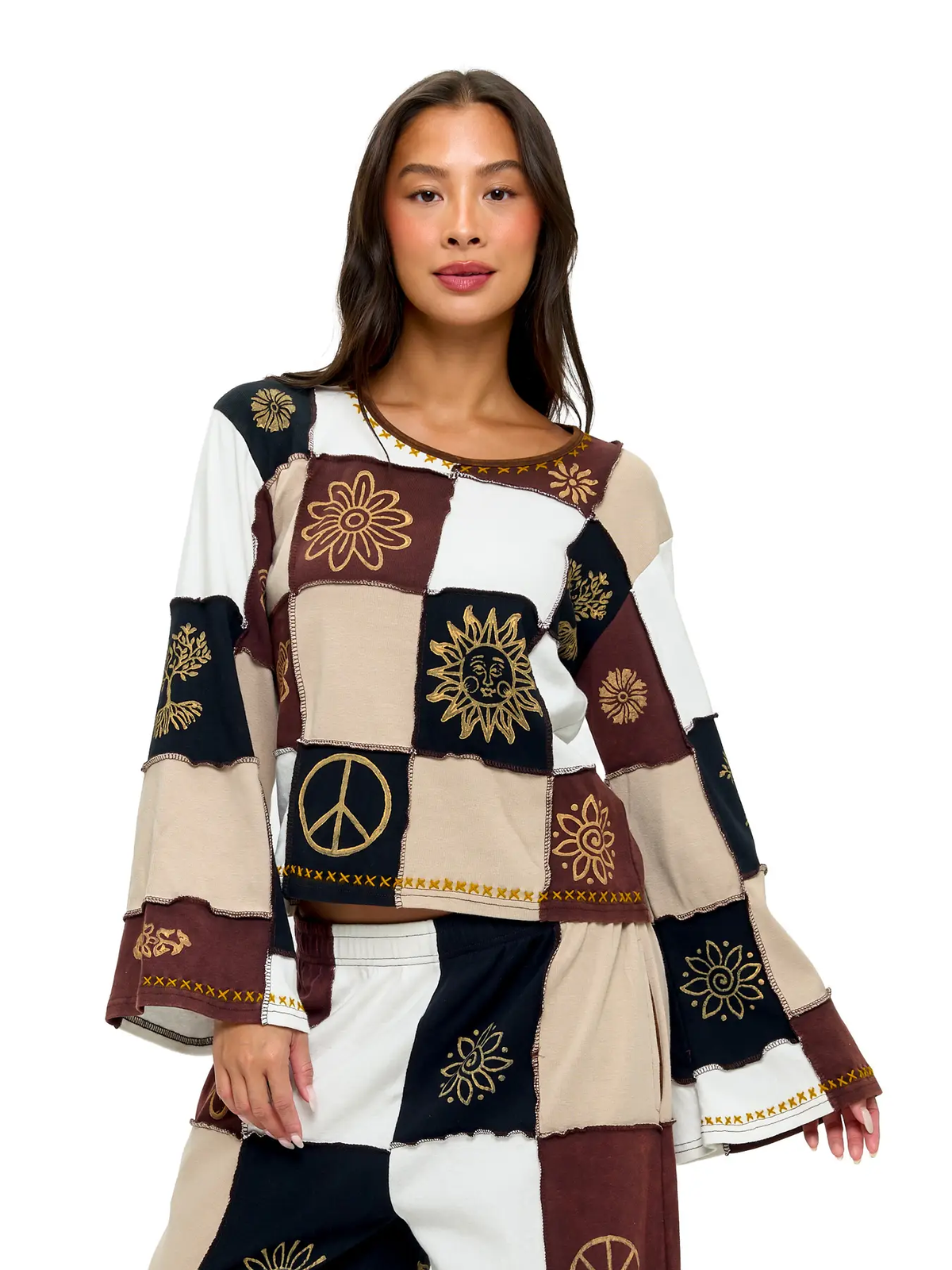 Earth Tones Colorblock Long Sleeve Top Bell Sleeves