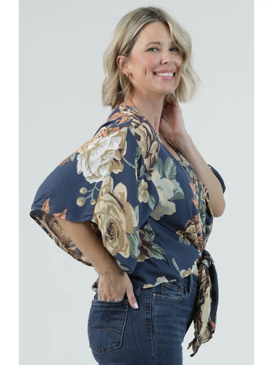 V-Neck Kimono Sleeve Tie Waist Blouse