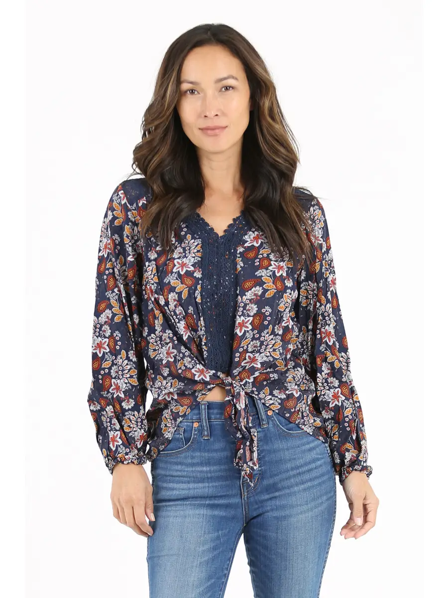 Lace Trim V-Neck Tie Waist Blouse