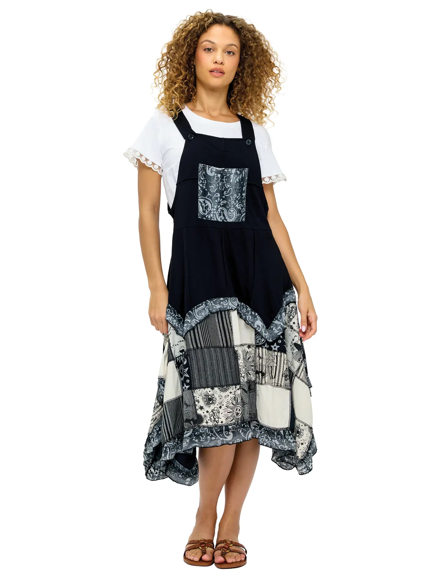 Hippie Print Patch Overall Dress