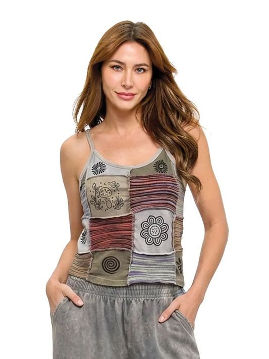 Boho Patchwork Ribbed + Art Painted Tank Top