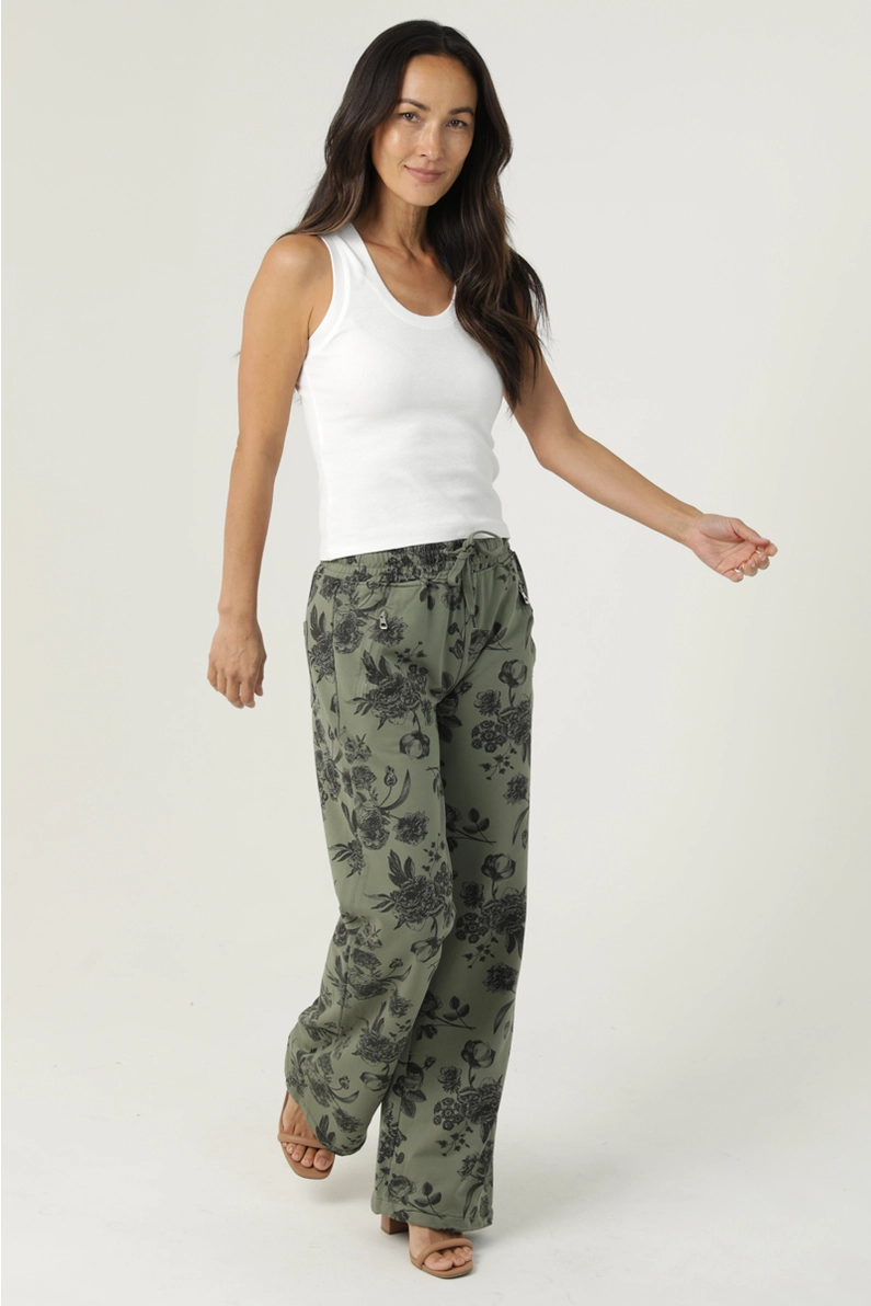 French Terry Wide Floral Print Straight Leg Pants