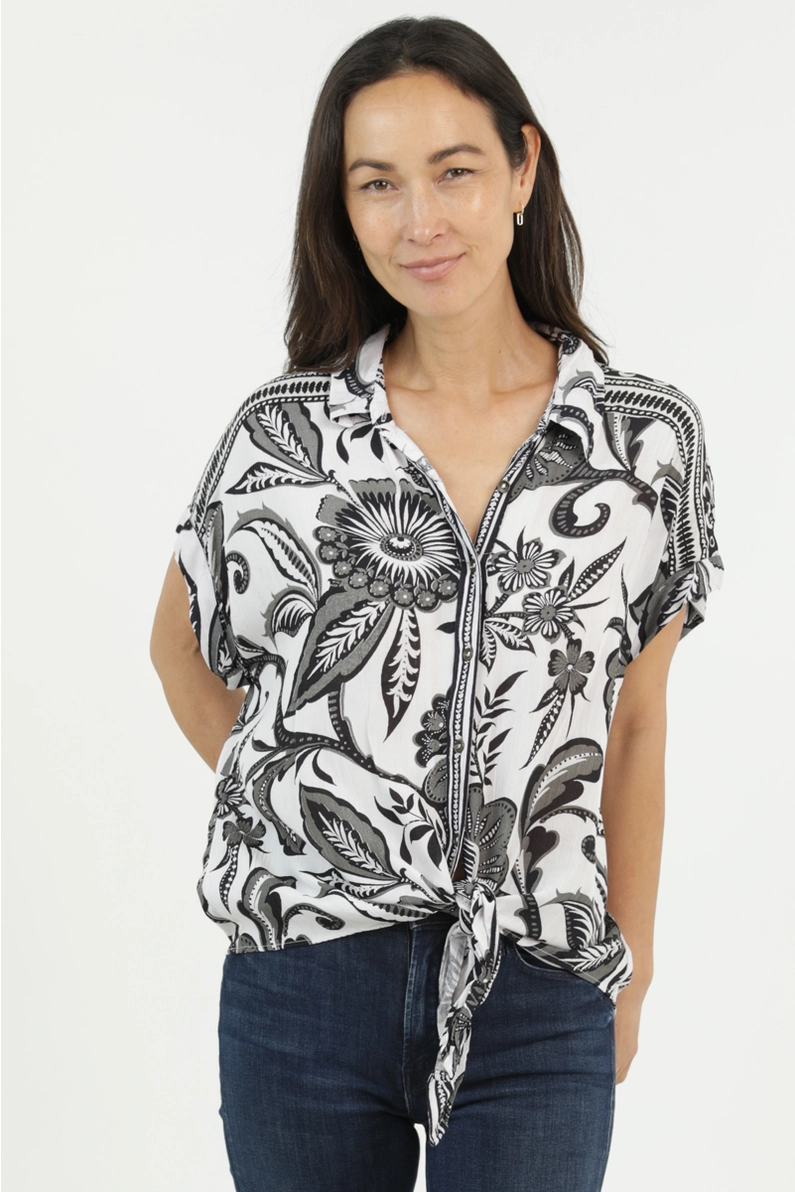 V-Neck Tie Waist Collared Top