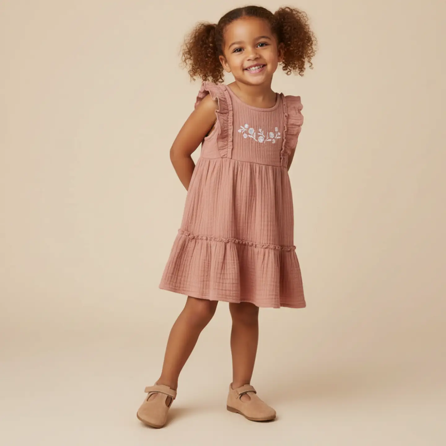 Girls Embroidered Clay Tiered Dress