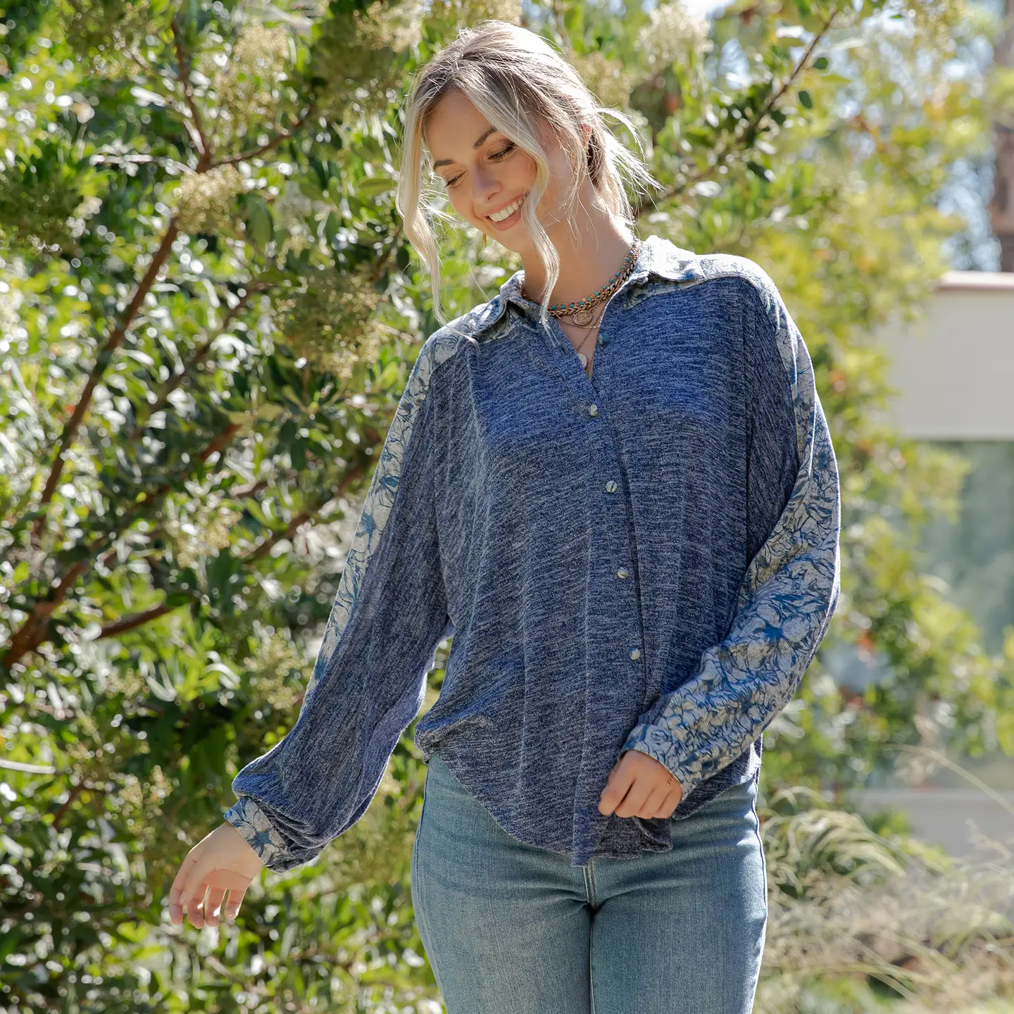 Boho Knit Top With Floral Print Sleeves
