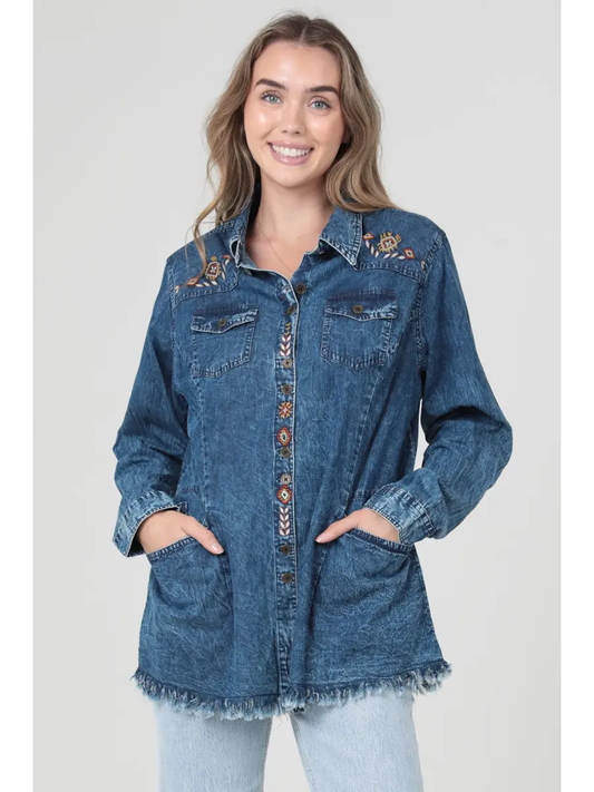 Embroidered Denim Button Up Top