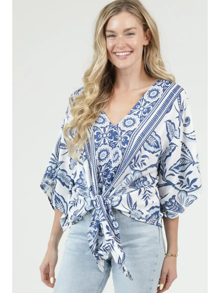 V-Neck Kimono Sleeve Tie Waist Blouse