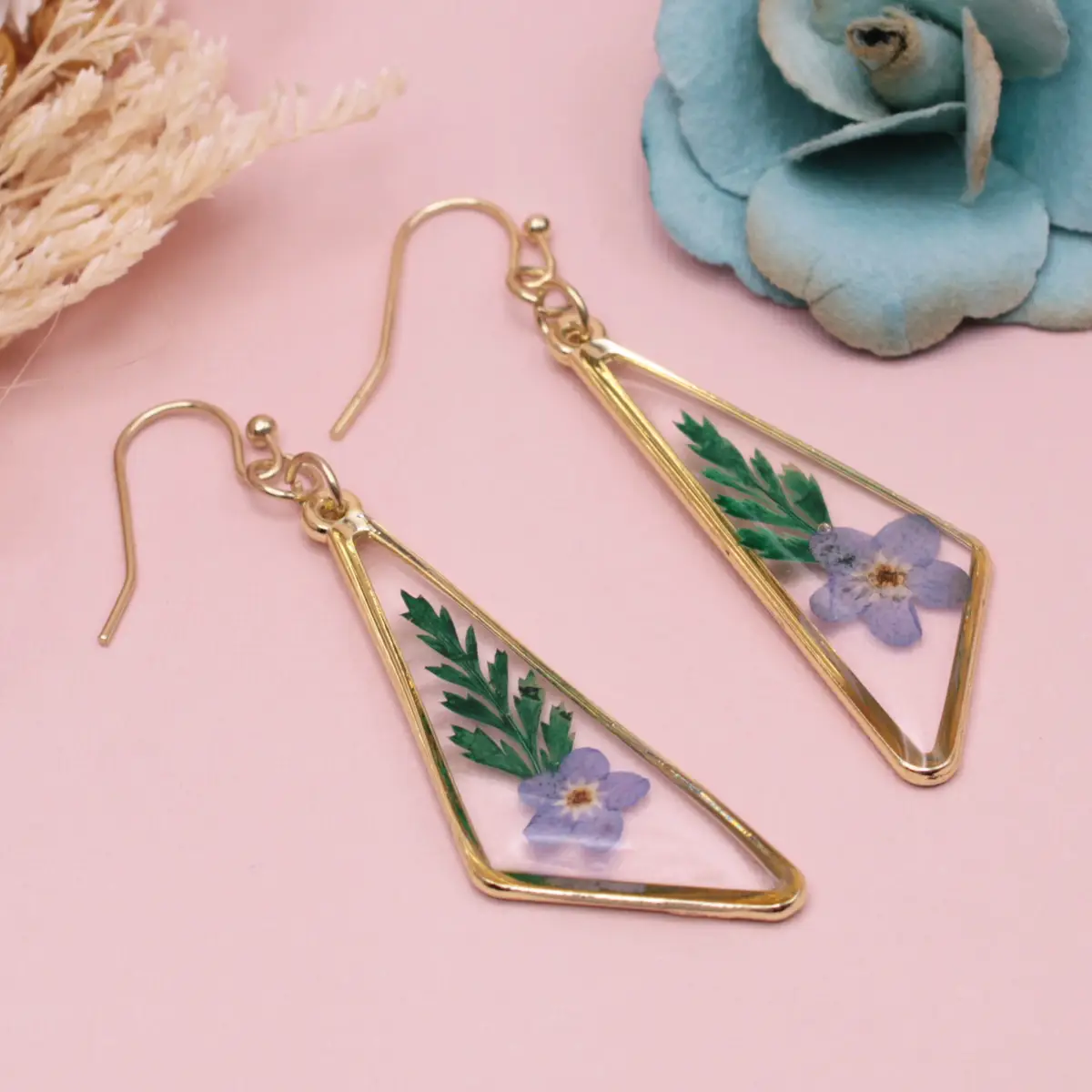 Vintage Bouquet Blue Dried Flowers Earrings
