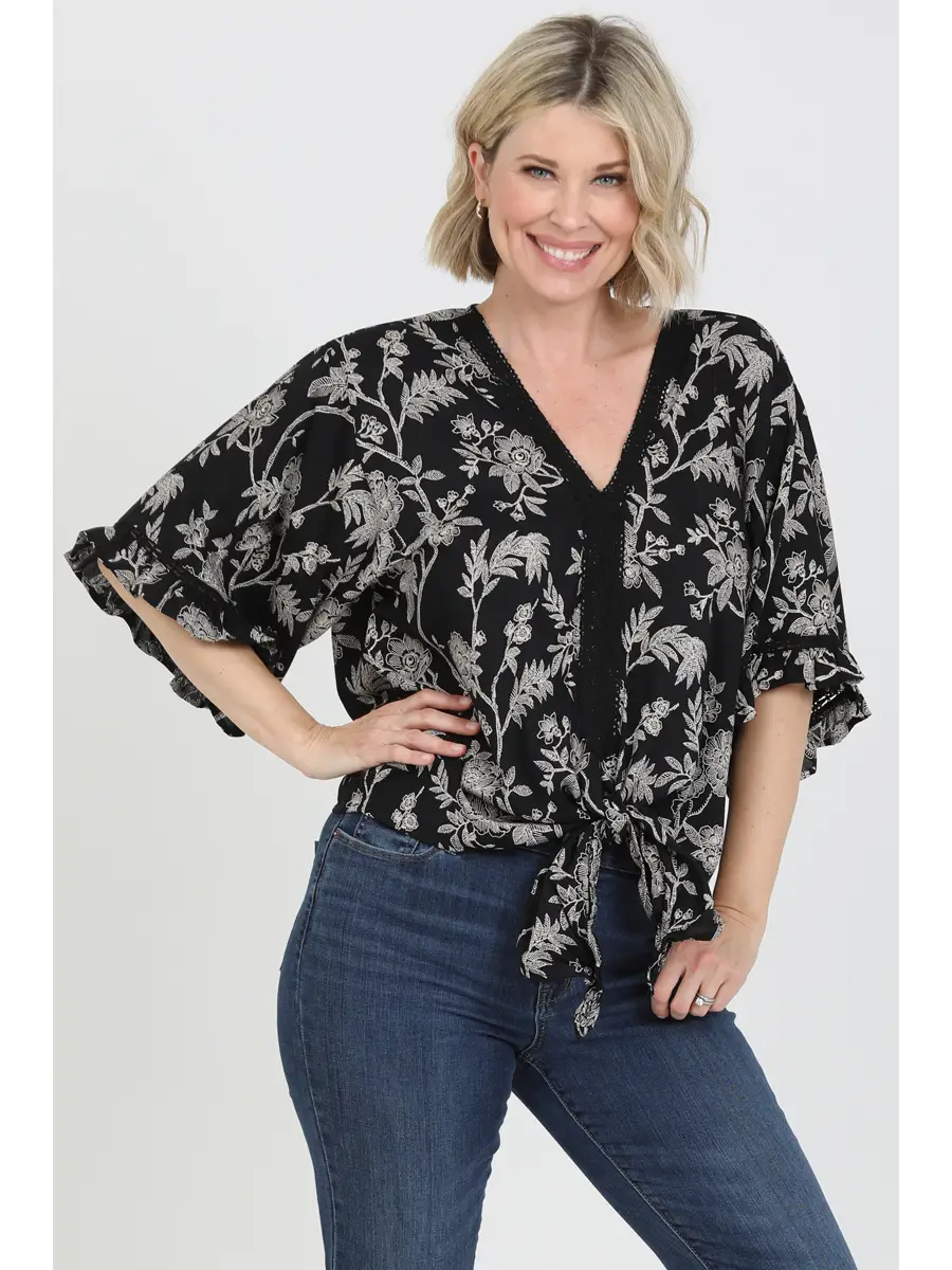 V-Neck Lace Trim Tie Waist Blouse