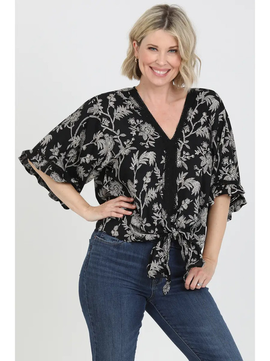 V-Neck Lace Trim Tie Waist Blouse