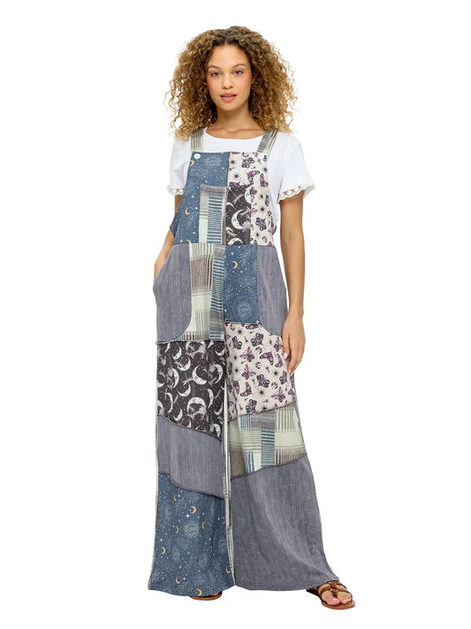 Whimsical Celestial Patchwork Overalls