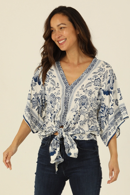 V-Neck Kimono Sleeve Tie Waist Blouse