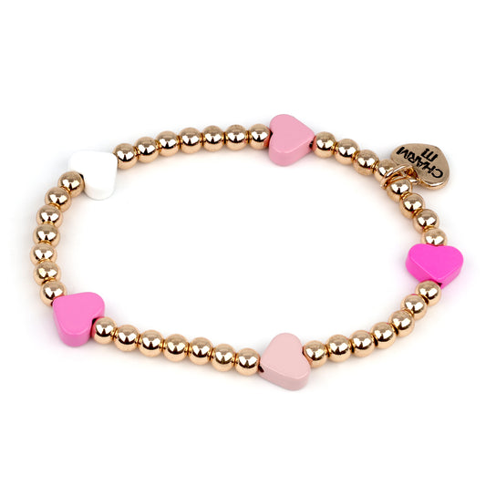 Charm It! Gold Bead Pink Heart Stretch  Bracelet