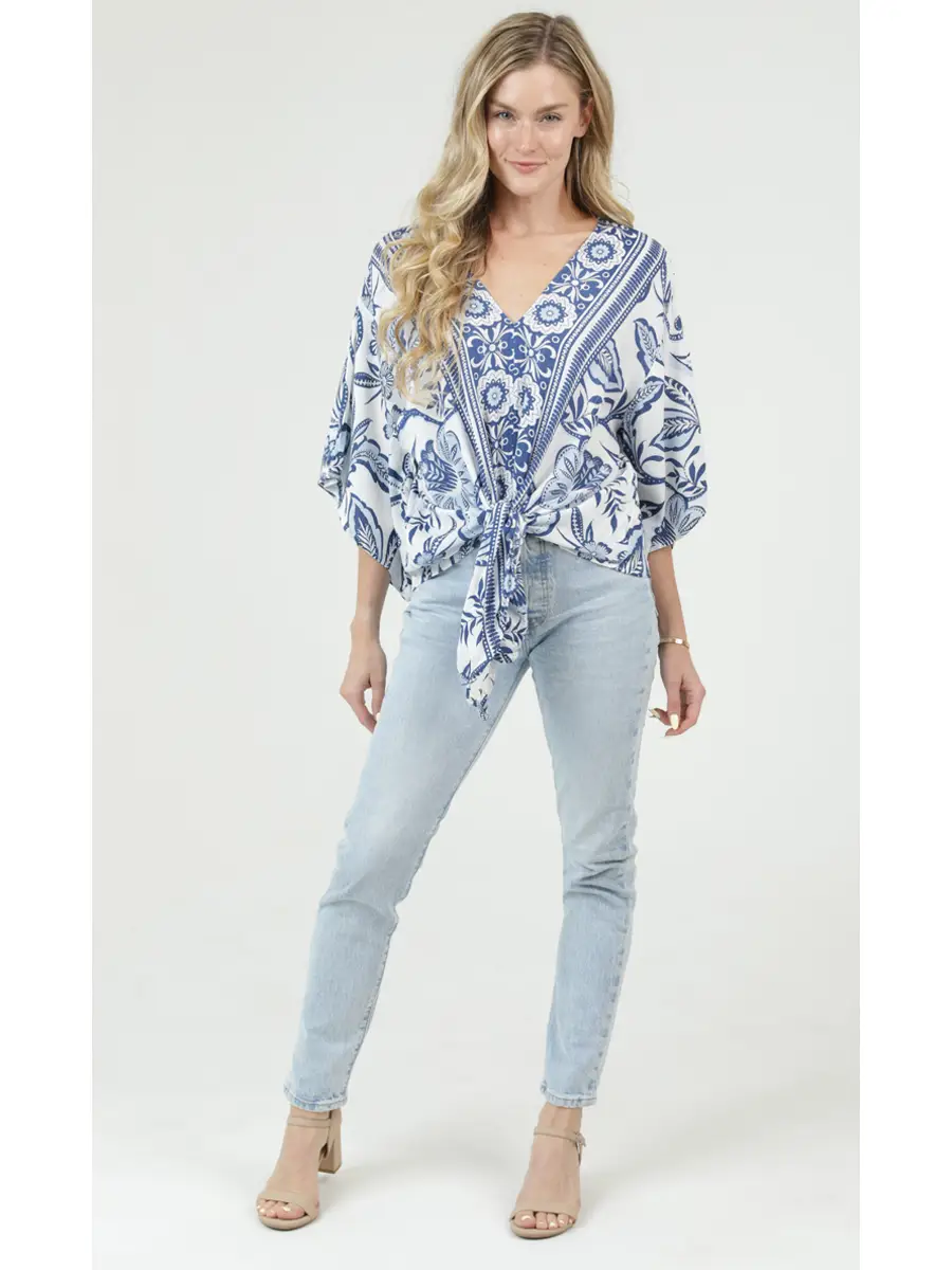 V-Neck Kimono Sleeve Tie Waist Blouse