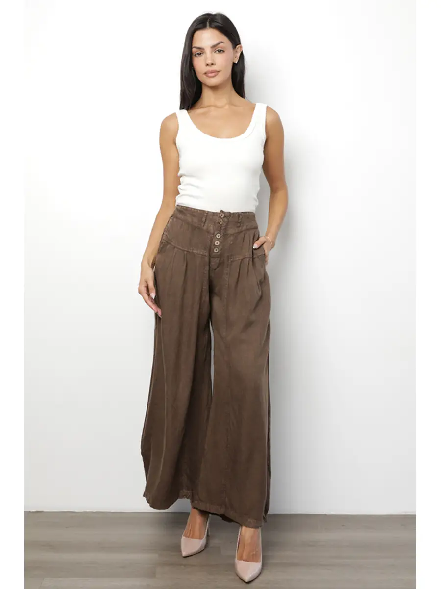 Acid Wash Button Front Wide Leg Pants