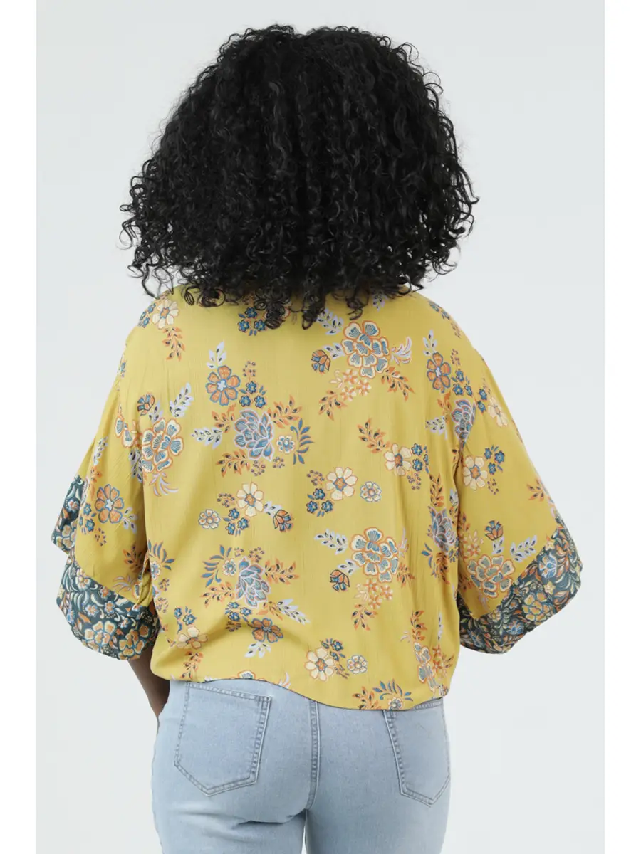 V-Neck Kimono Sleeve Tie Waist Blouse