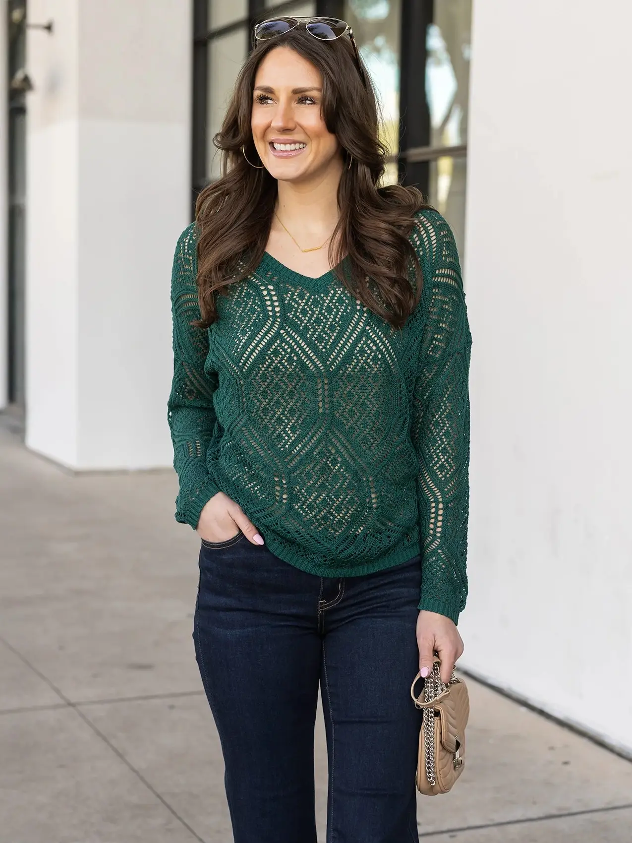 V-Neck Pointelle Sweater