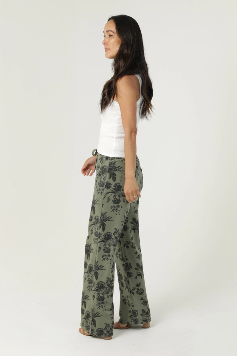 French Terry Wide Floral Print Straight Leg Pants