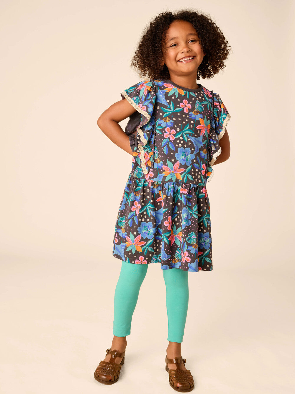 Girls Crochet Trim Dress Painted Floral