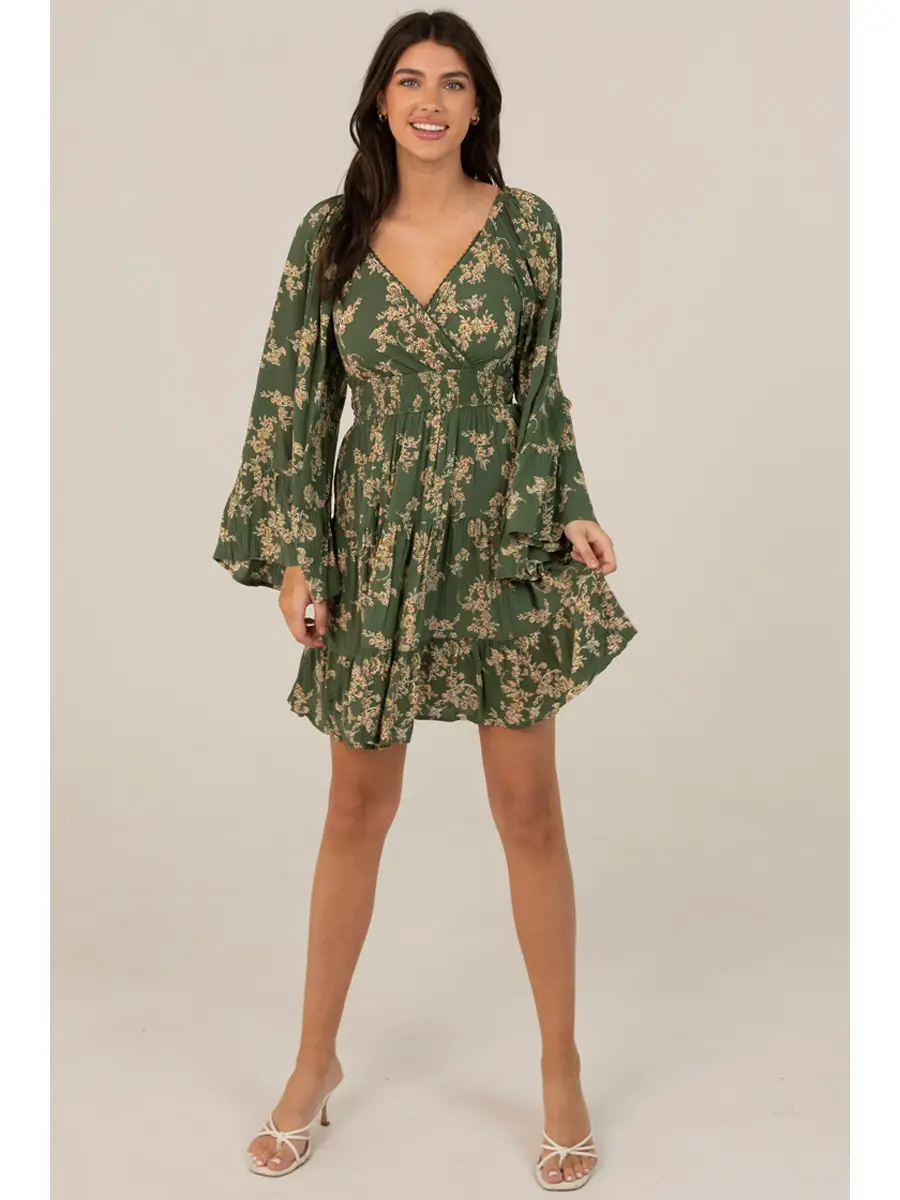 V-Neck Wide Flare Bell Sleeve Dress
