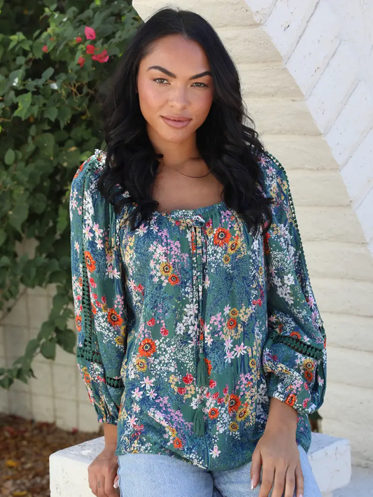 Floral Print Blouse w/ Lace Insets