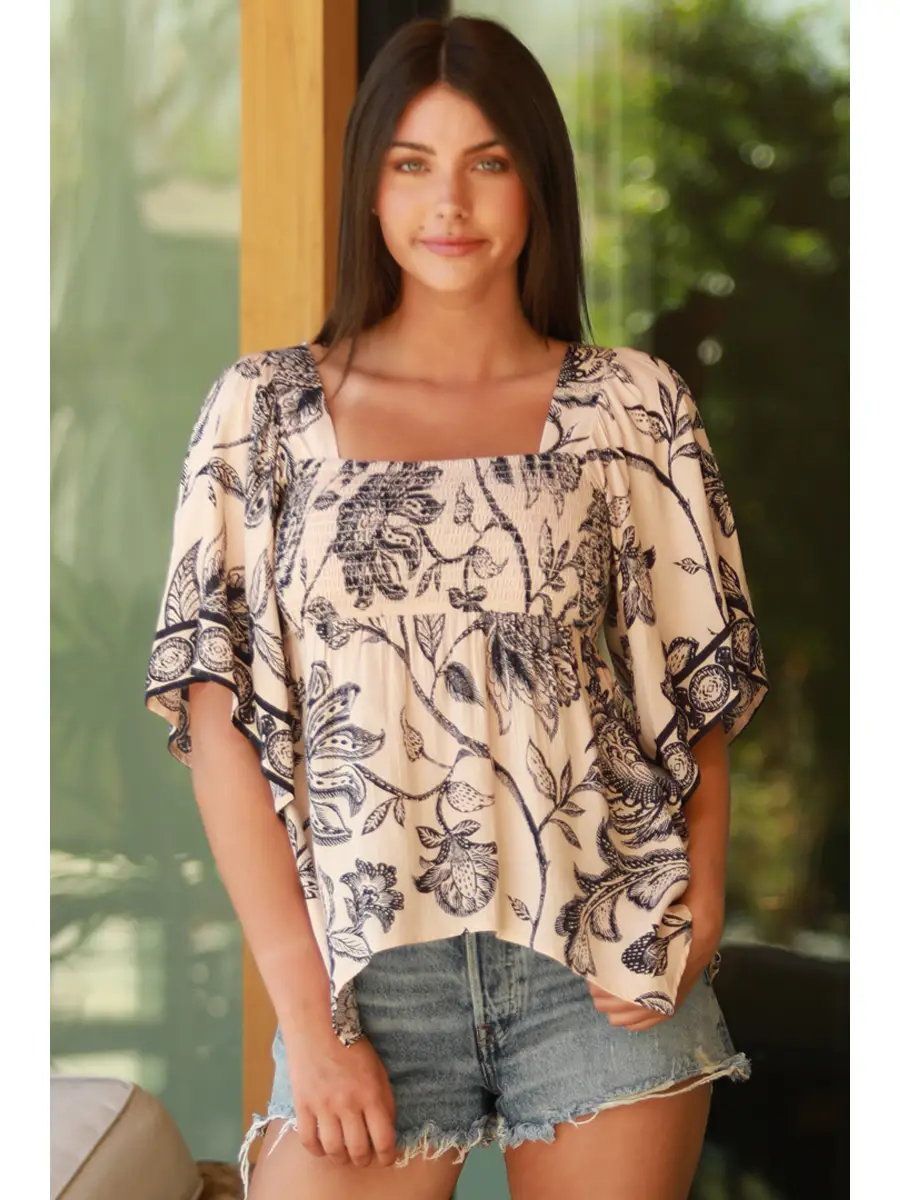 Square Neck Hanky Hem Kimono Sleeve Top