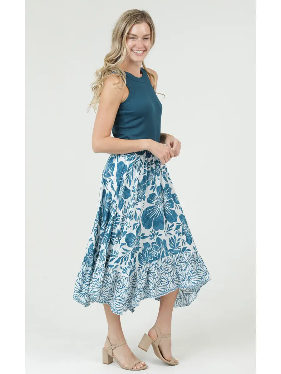 Tropical Floral Print Midi Skirt