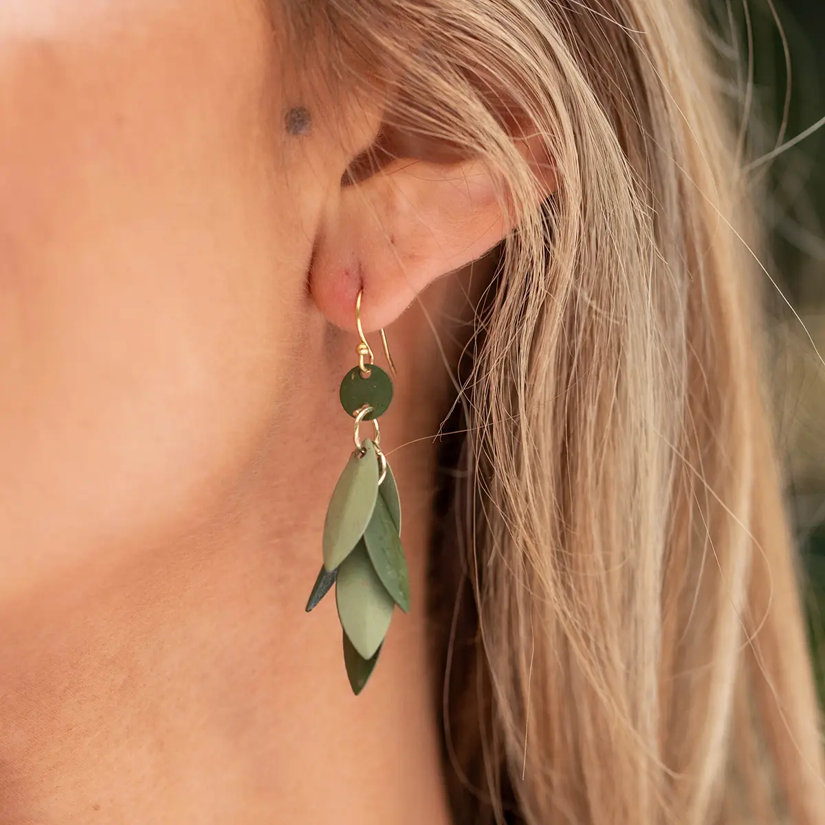 Brass Patina Layered Earrings Green Leaves