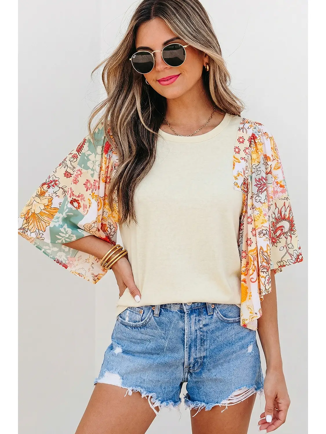 Floral Patchwork Half Batwing Sleeve Top