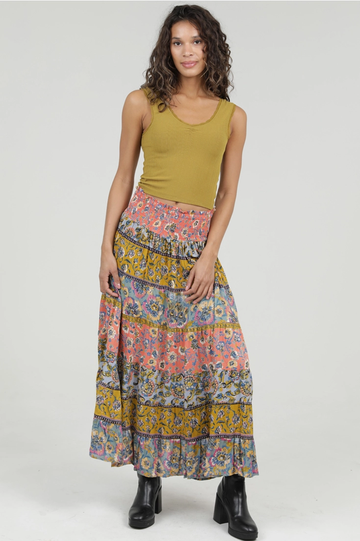 Mixed Print Tiered Maxi Skirt