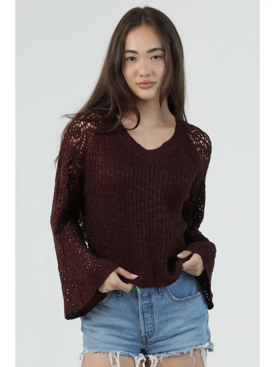 V-Neck Lightweight Pullover w/ Flare Sleeves