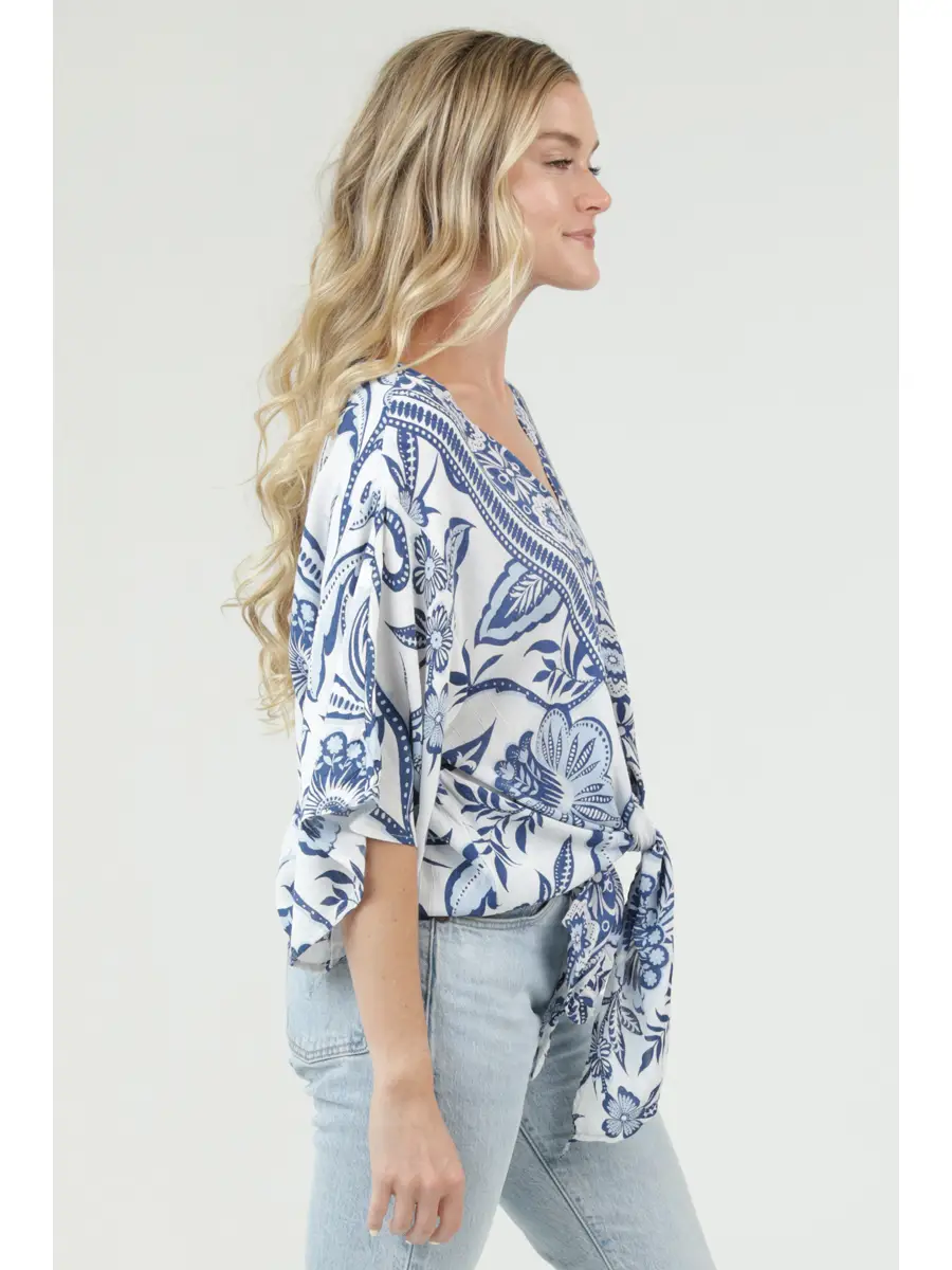 V-Neck Kimono Sleeve Tie Waist Blouse