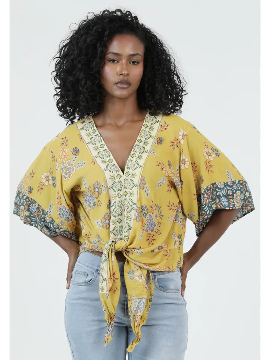 V-Neck Kimono Sleeve Tie Waist Blouse
