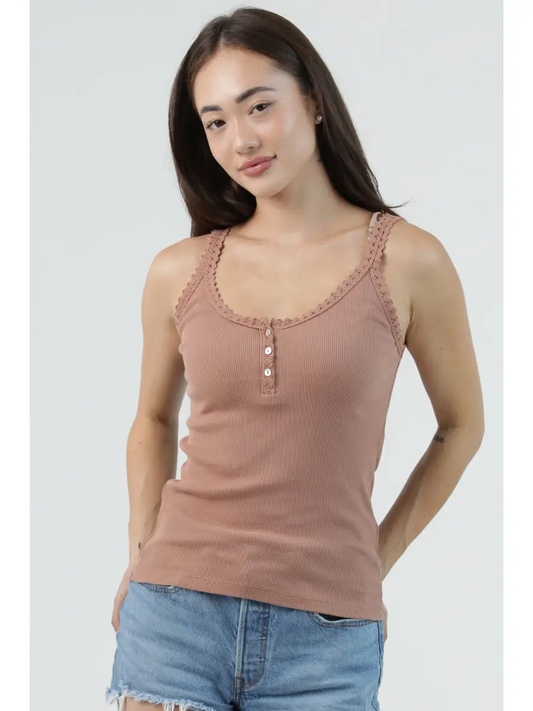 Rib Knit Lace Trim Henley Tank Top
