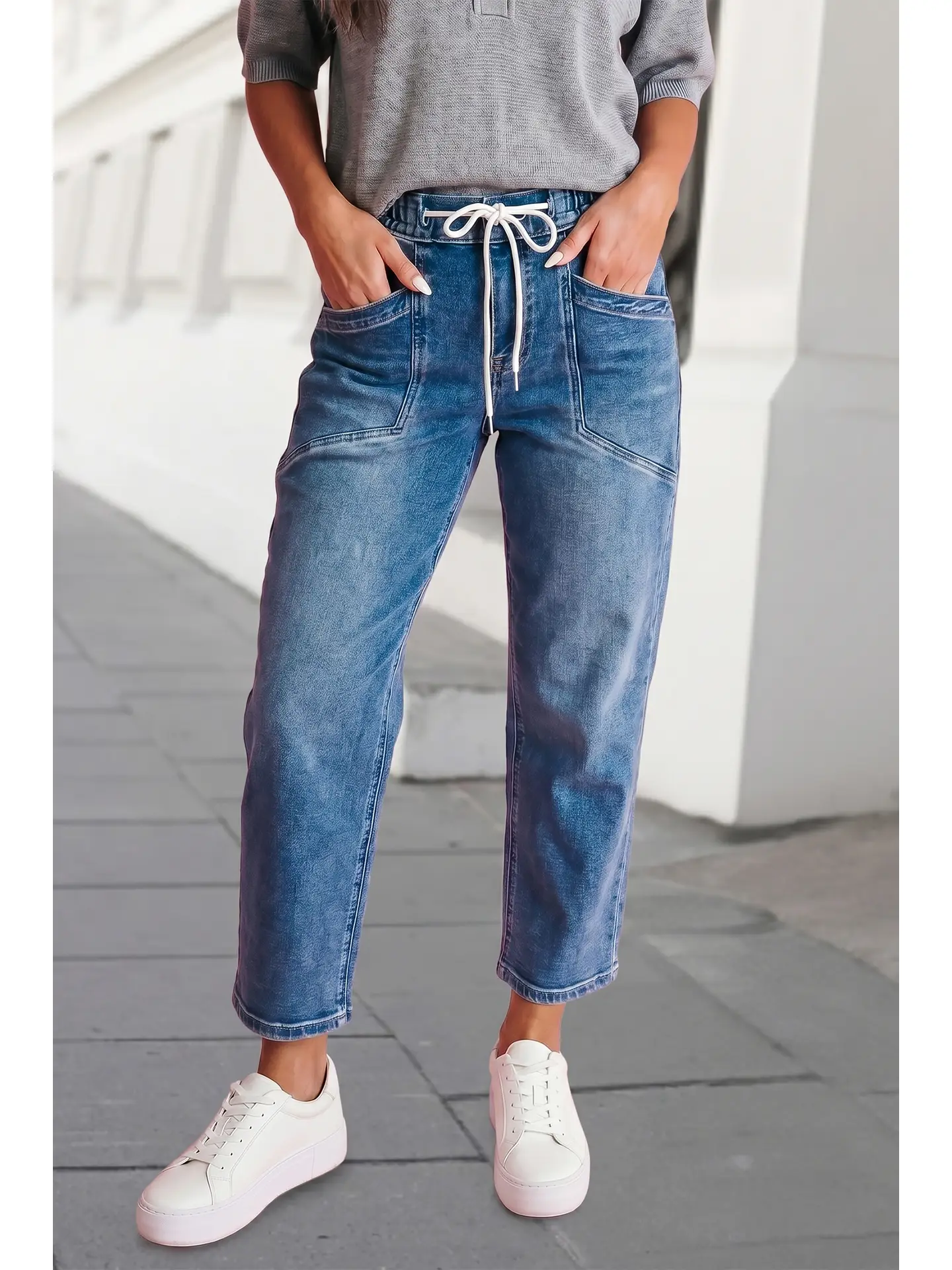 Solid Pockets Drawstring Barrel Jeans