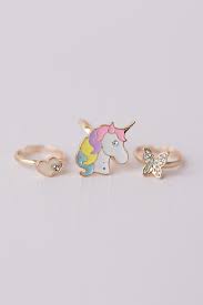 Girls Butterfly, Unicorn + Heart Ring Set