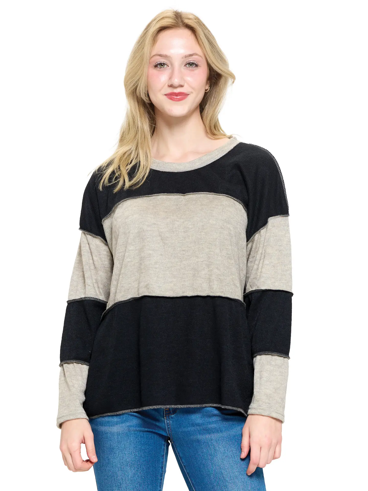 Colorblock Stitch Accented Pullover