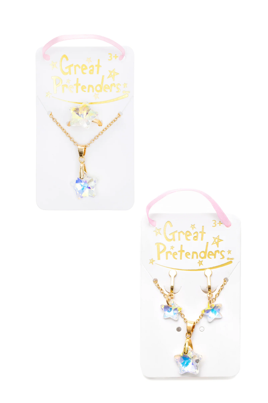 Girls Holographic Star Necklace + Clip-On Earrings Set