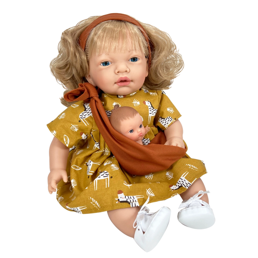 Doll w/ Baby in Sling Mustard Dress