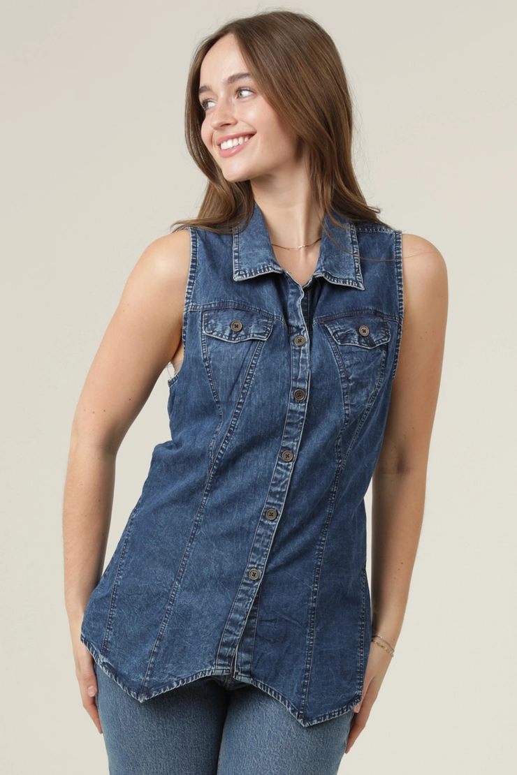Denim Button Front Collared Tank